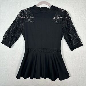 Missmny Black Lace Peplum Top Mock Neck Sheer‎ Long Sleeve Floral Sz M Whimsical